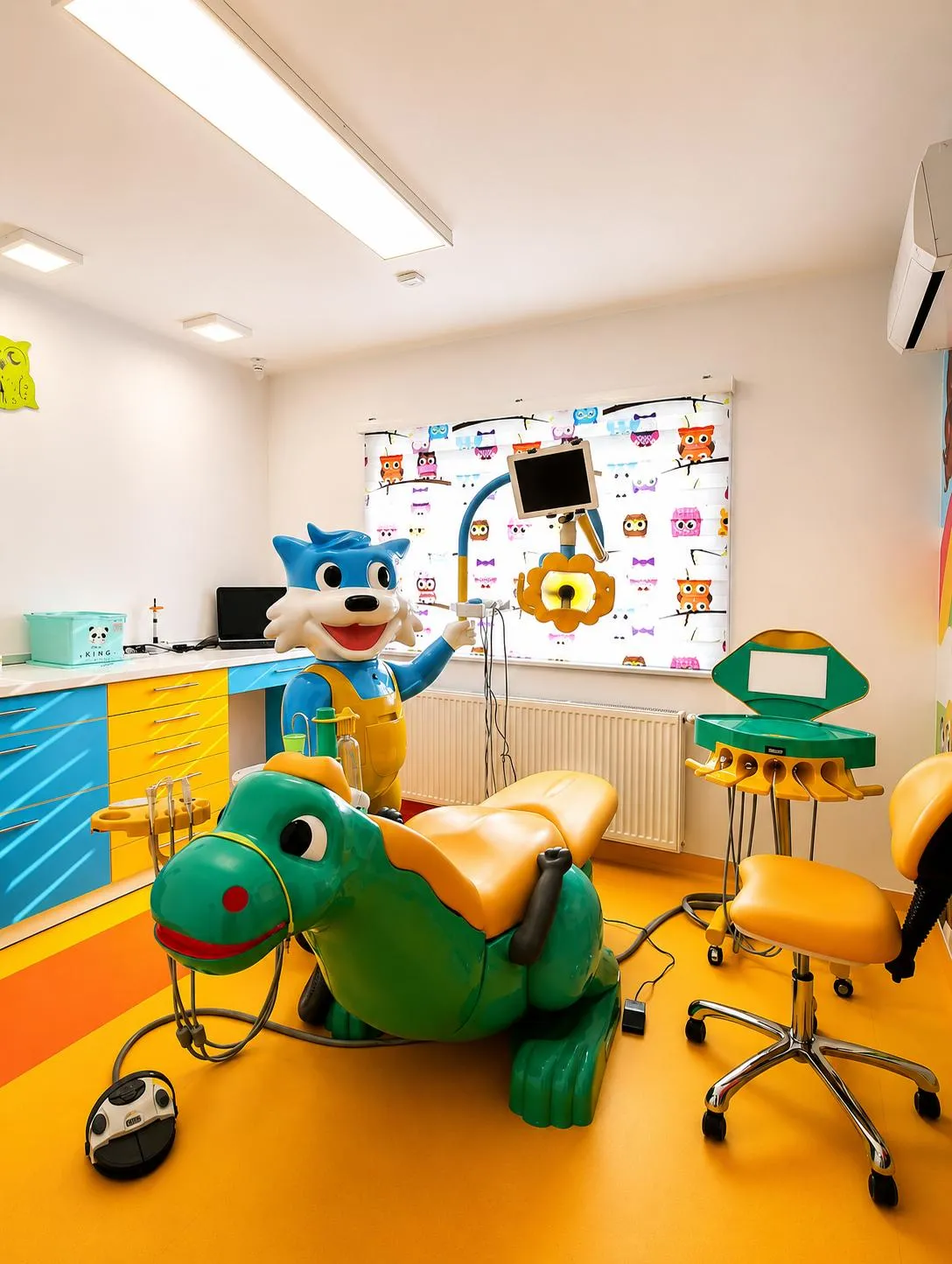 Cabinet Cheo Kids cu scaun stomatologic în formă de dinozaur și mascota clinicii